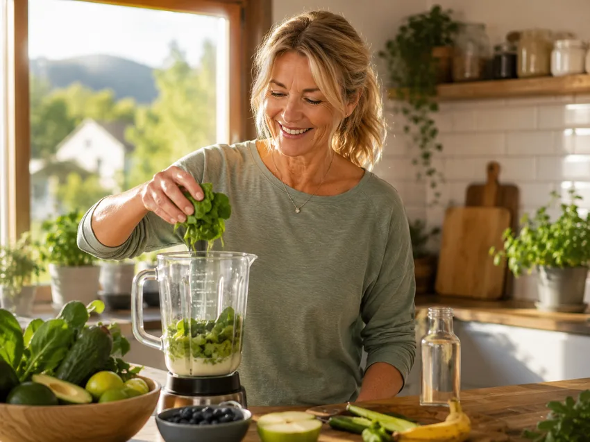 Kvinne lager en grønn smoothie med spinat, avokado og frukt på kjøkkenet