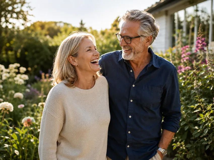 Smilende eldre par i en solfylt hage med blomster
