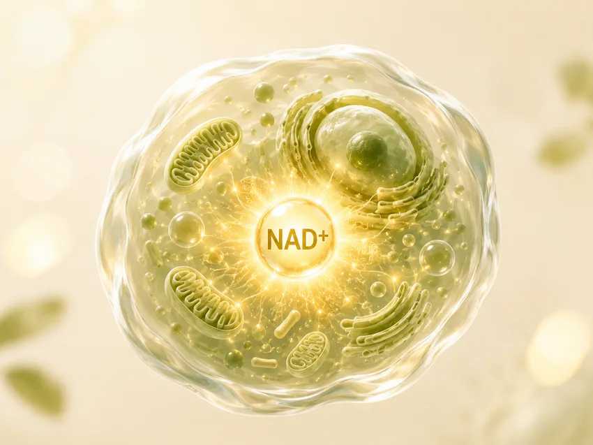 Illustrasjon av en celle med synlige mitokondrier og et lysende NAD+-molekyl i midten