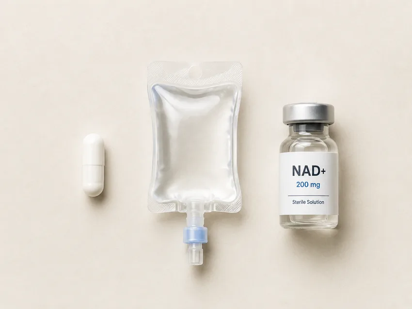 NAD+ i tre former: en kapsel, en intravenøs infusjonspose og en injeksjonsflaske merket 200 mg