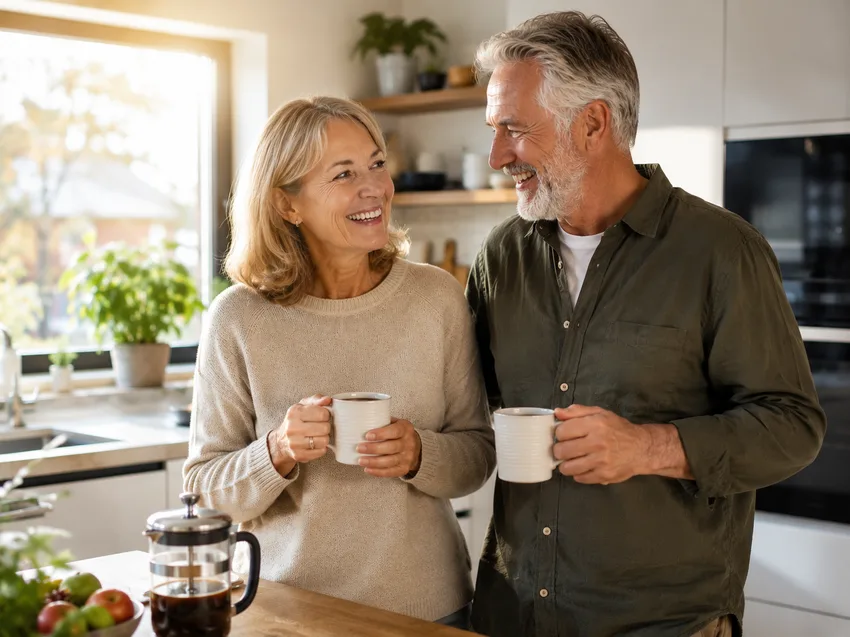 Smilende par på kjøkkenet som holder kaffekopper og ser på hverandre om morgenen