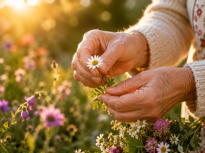 Nærbilde av eldre hender som plukker en blomst i en blomstereng i solnedgang