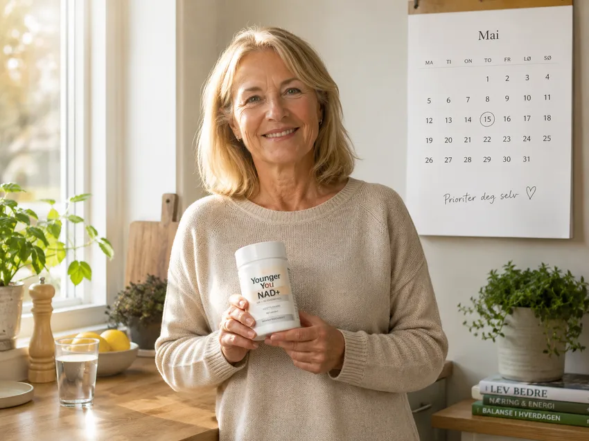 Smilende kvinne på kjøkkenet holder en boks med Younger You NAD+, med en kalender i bakgrunnen